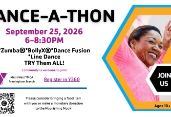 Dance the night away for a great cause! Join Leslie Schofield and other MetroWest YMCA fitness instructors for an energetic evening of music, movement, and fun, all while raising funds for the Nourishing Nook, the MetroWest YMCA’s free community food pantry.