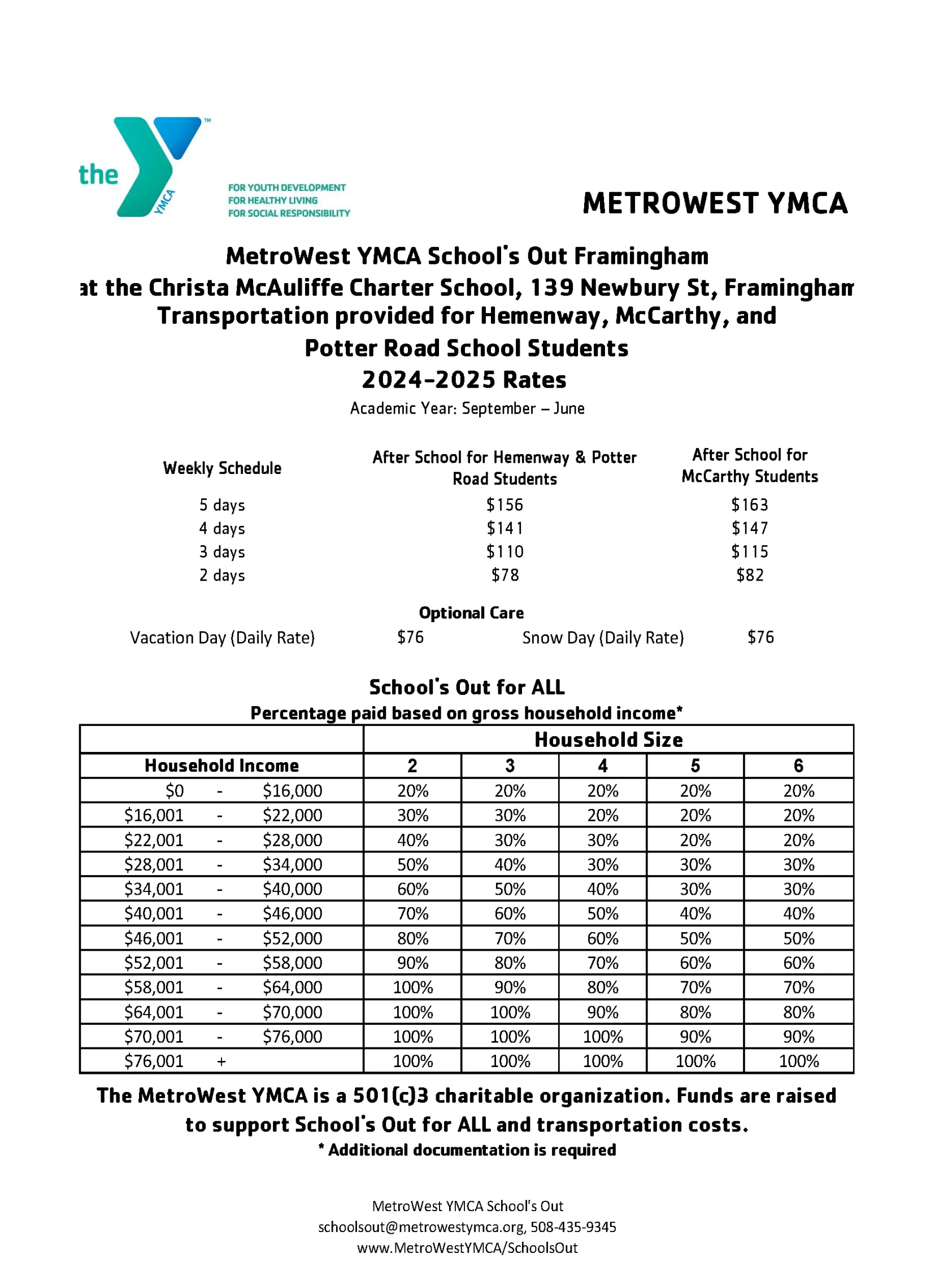 chart of rates for School's Out Framingham