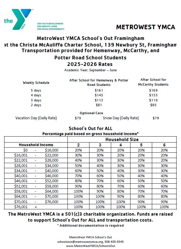 graphic of 2025-2026 rates for school's out framingham