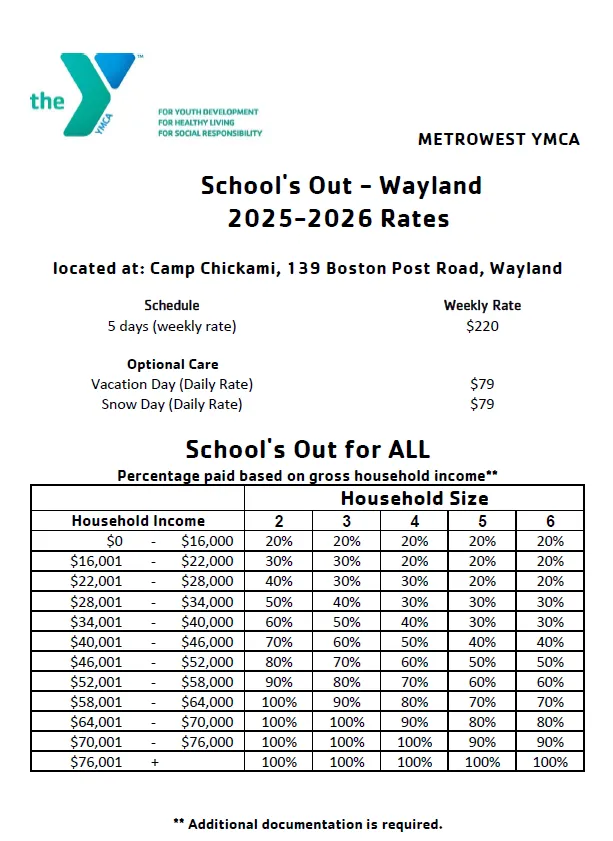 graphic of 2025-2026 rates for School's Out Wayland