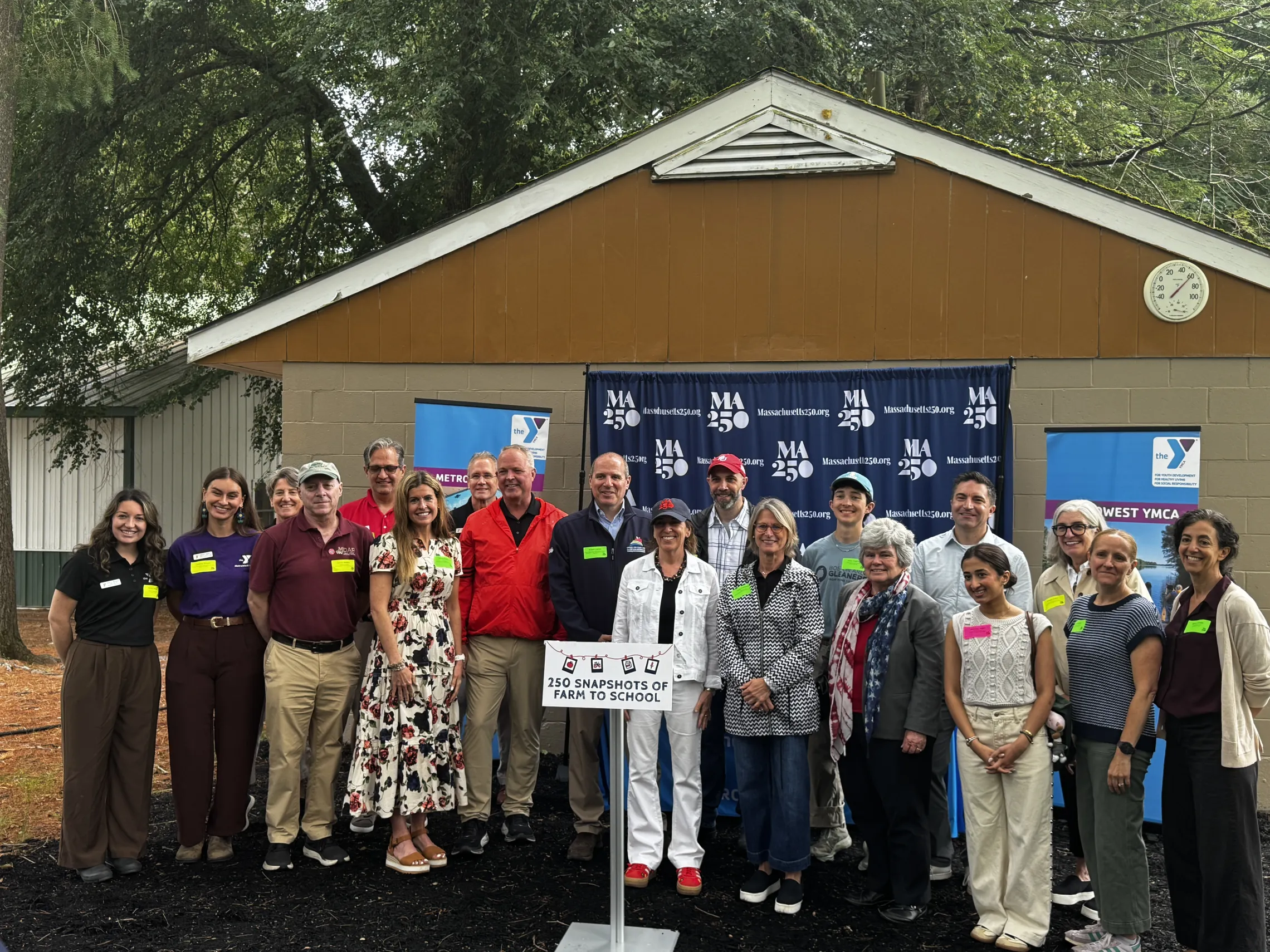 A group of state leaders in the education and agriculture space gather at the MetroWest YMCA Outdoor Center for a Farm-to-School demonstration
