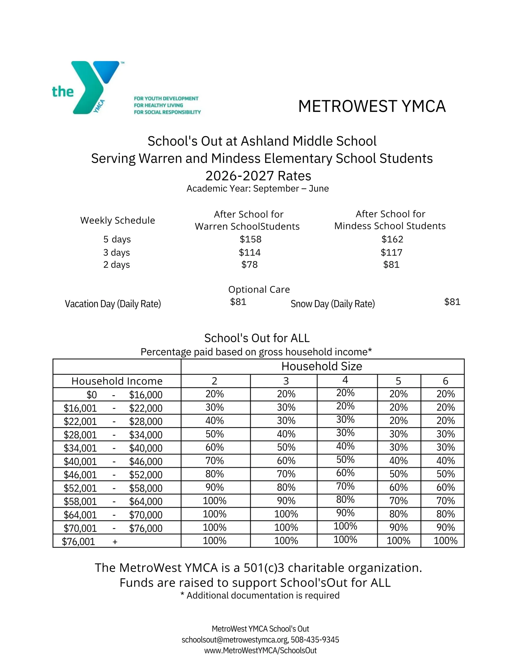 YMCA Ashland, MA After School Program 2026-27 Rates