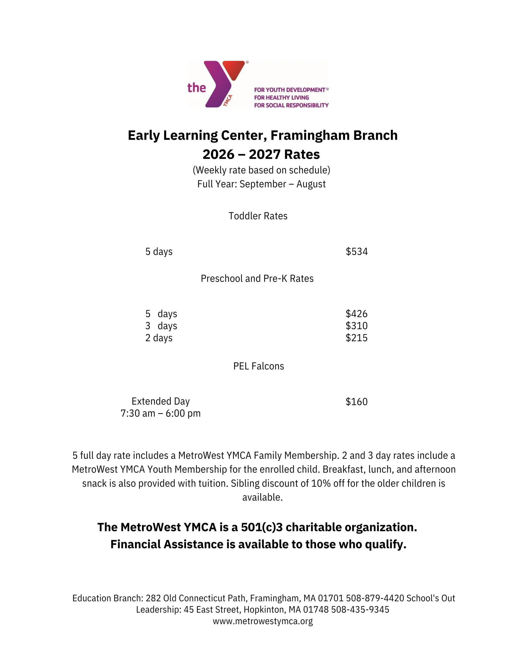 MetroWest YMCA Framingham Branch Early Learning Center 2026 -27 Rates